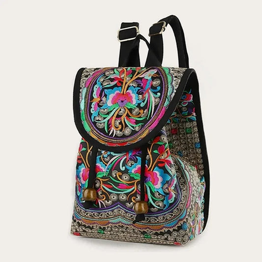 Retro Handmade Embroidered Canvas Backpack - Large Capacity Ethnic Rucksack for Women