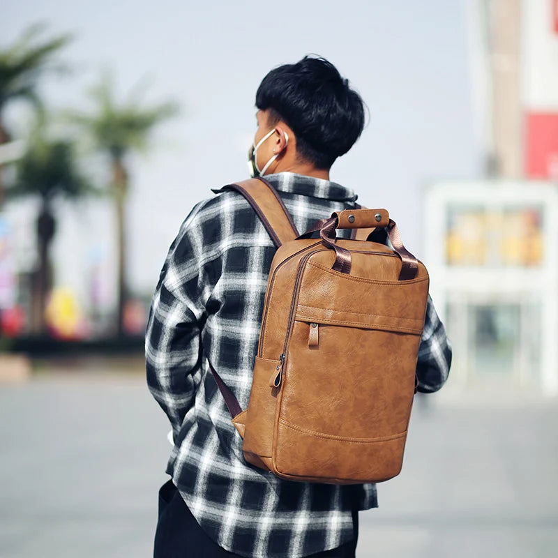 PU Leather Laptop Backpack for Men - Large Casual School Bag for Teenagers