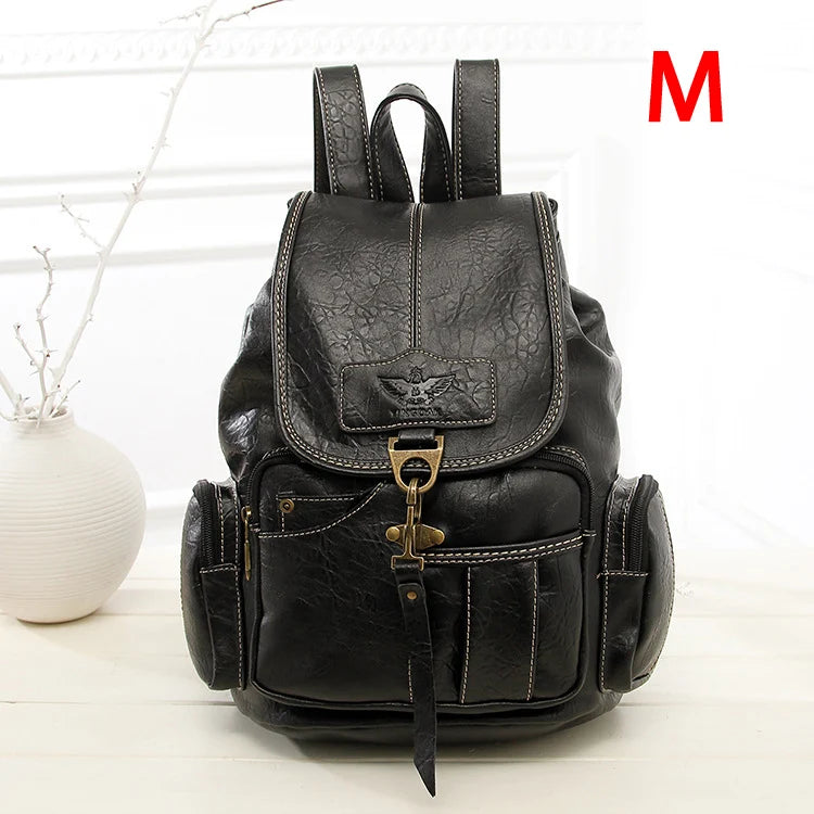 Vintage PU Leather Drawstring Backpack - Large School Bag for Women & Teens