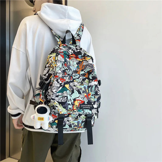 Harajuku Graffiti Print Backpack - Fashion Nylon Laptop School Bag for Students