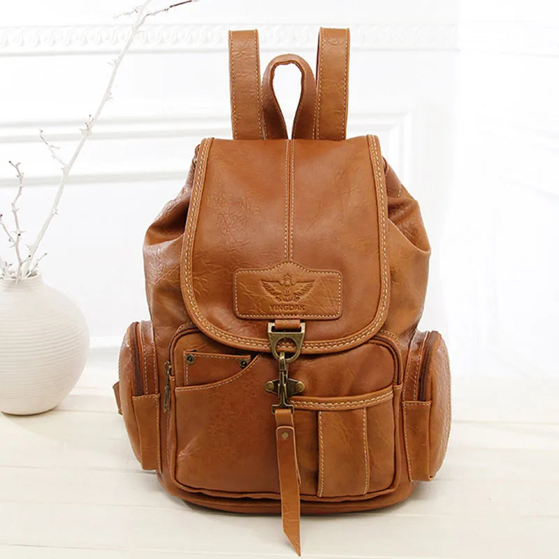Vintage PU Leather Drawstring Backpack - Large School Bag for Women & Teens