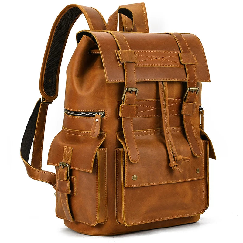 Genuine Leather 17 Inch Laptop Travel Backpack - Large Daypack for Men