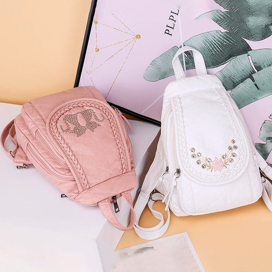 Soft Washed Leather Small Backpack - Cute School & Travel Bag for Women & Girls