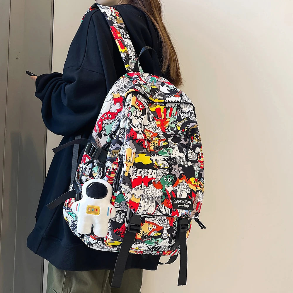 Harajuku Graffiti Print Backpack - Fashion Nylon Laptop School Bag for Students
