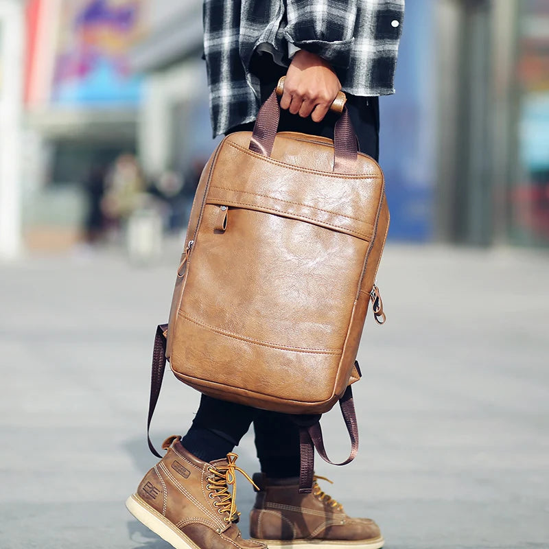 PU Leather Laptop Backpack for Men - Large Casual School Bag for Teenagers