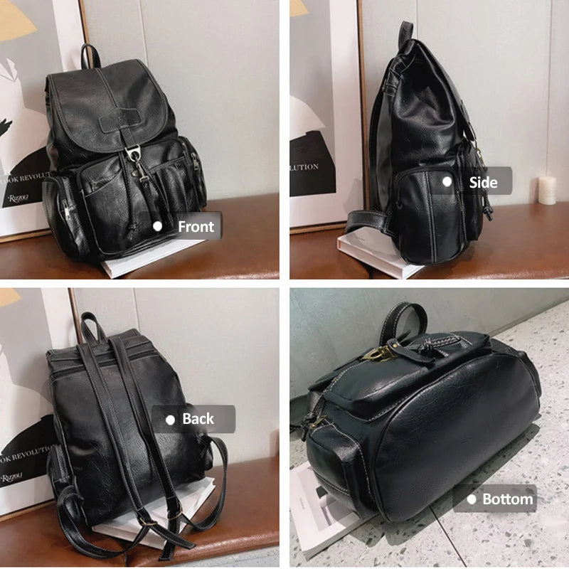 Vintage PU Leather Drawstring Backpack - Large School Bag for Women & Teens