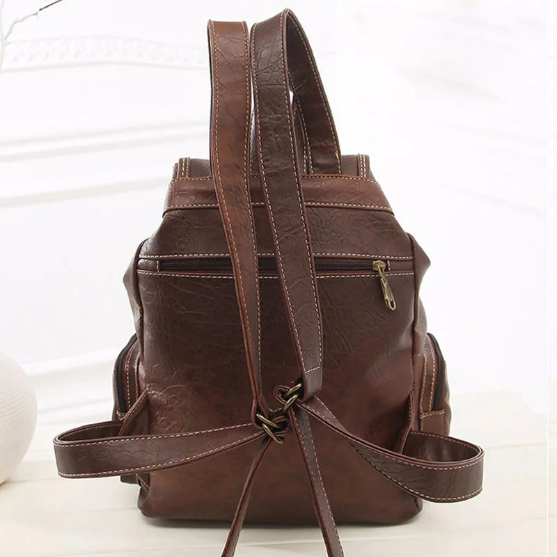 Vintage PU Leather Drawstring Backpack - Large School Bag for Women & Teens