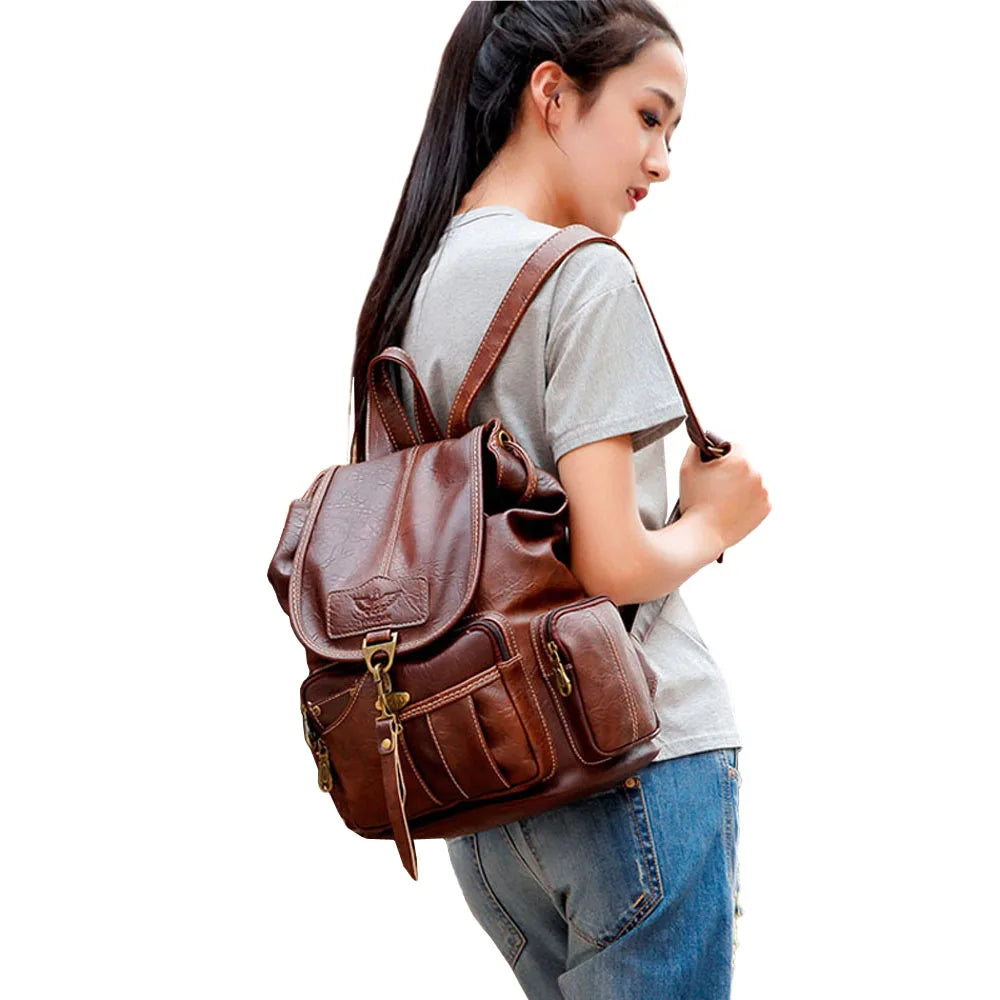 Vintage PU Leather Drawstring Backpack - Large School Bag for Women & Teens