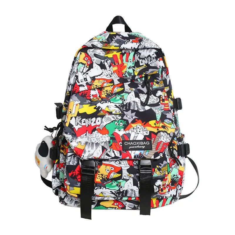 Harajuku Graffiti Print Backpack - Fashion Nylon Laptop School Bag for Students