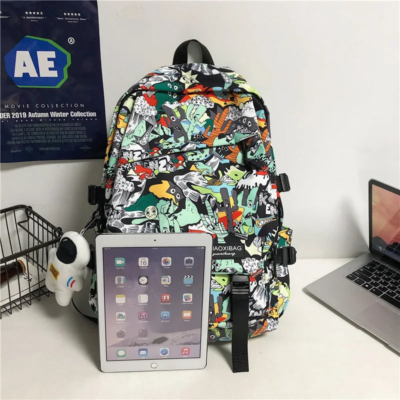 Harajuku Graffiti Print Backpack - Fashion Nylon Laptop School Bag for Students