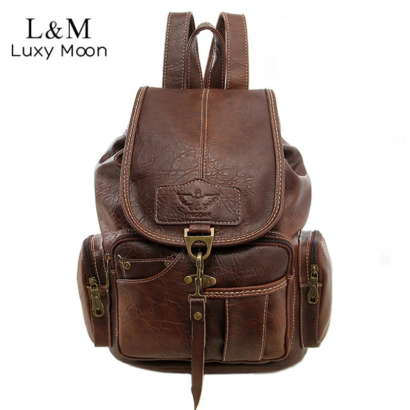 Vintage PU Leather Drawstring Backpack - Large School Bag for Women & Teens