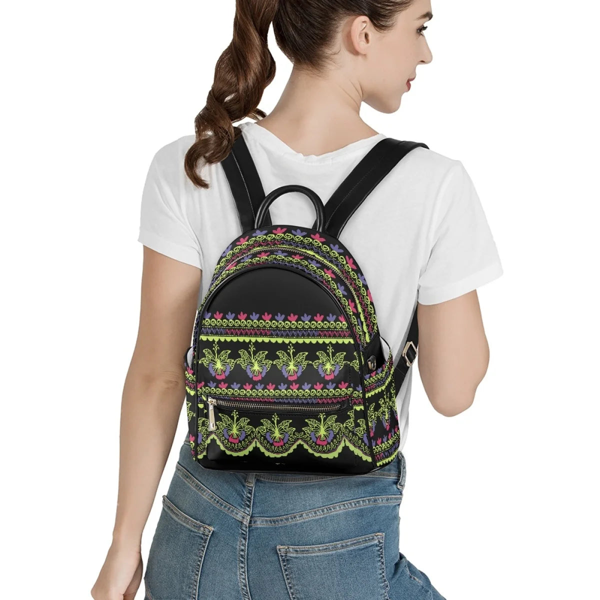 Fashion Floral Print PU Leather Backpack - Stylish Bag for Women and Teenage Girls