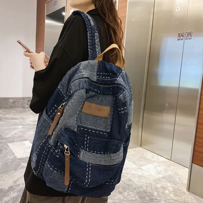 Trendy Cool Patch Denim Backpack - Large Capacity College Laptop Bag