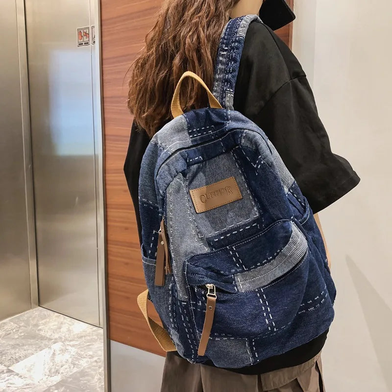 Trendy Cool Patch Denim Backpack - Large Capacity College Laptop Bag