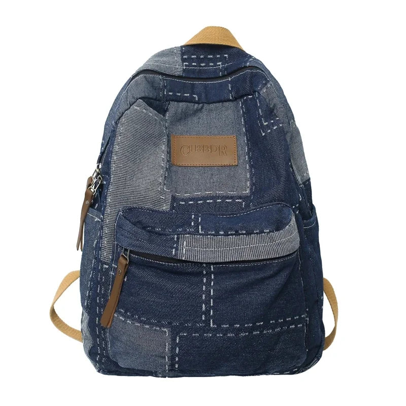 Trendy Cool Patch Denim Backpack - Large Capacity College Laptop Bag