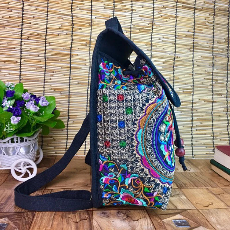 Retro Handmade Embroidered Canvas Backpack - Large Capacity Ethnic Rucksack for Women