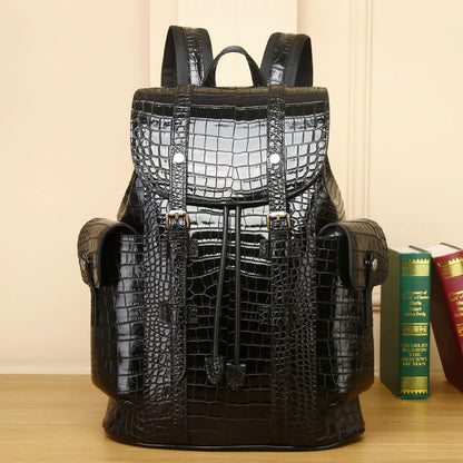 Crocodile Pattern Leather Travel Backpack - Large Capacity Bag for Men and Teenagers