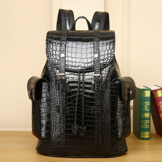 Crocodile Pattern Leather Travel Backpack - Large Capacity Bag for Men and Teenagers