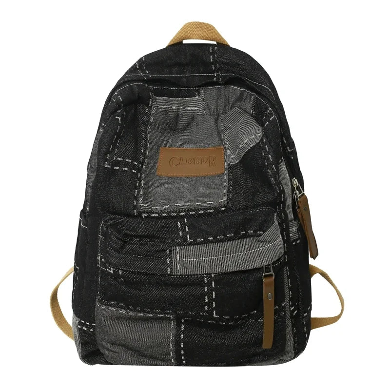 Trendy Cool Patch Denim Backpack - Large Capacity College Laptop Bag