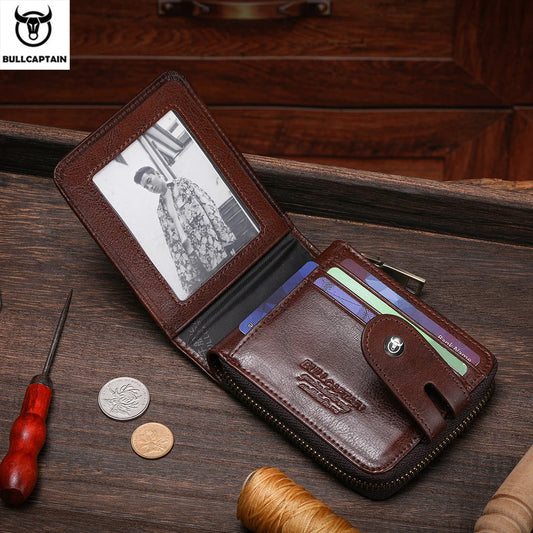 Genuine Leather RFID Blocking Bifold Wallet - Secure Card Holder with Zipper