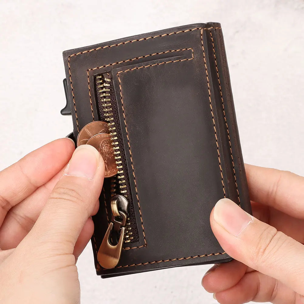 Smart Pop Up RFID Card Wallet - Genuine Leather Slim Card Case with Coin Purse