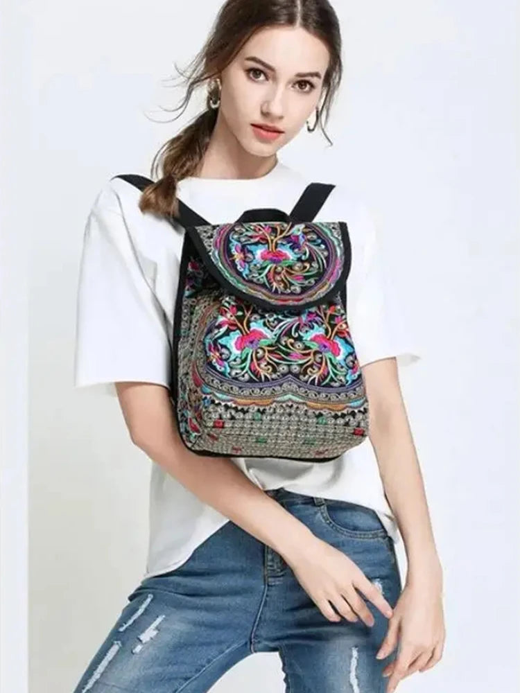 Retro Handmade Embroidered Canvas Backpack - Large Capacity Ethnic Rucksack for Women