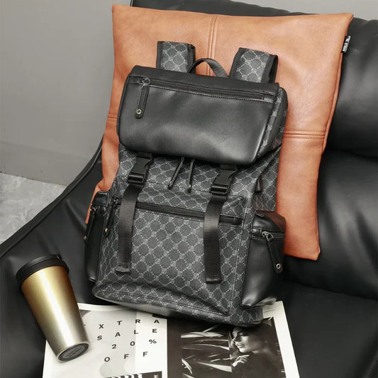 Floral Printed Men's Backpack - Large Capacity PU Leather Travel Schoolbag