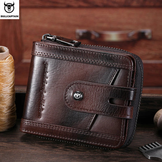 Genuine Leather RFID Blocking Bifold Wallet - Secure Card Holder with Zipper