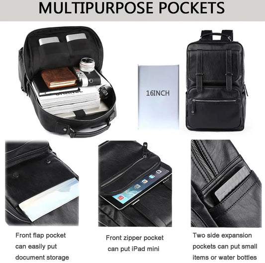 Leather Laptop Backpack for Men - Waterproof Vintage Business Travel Bag