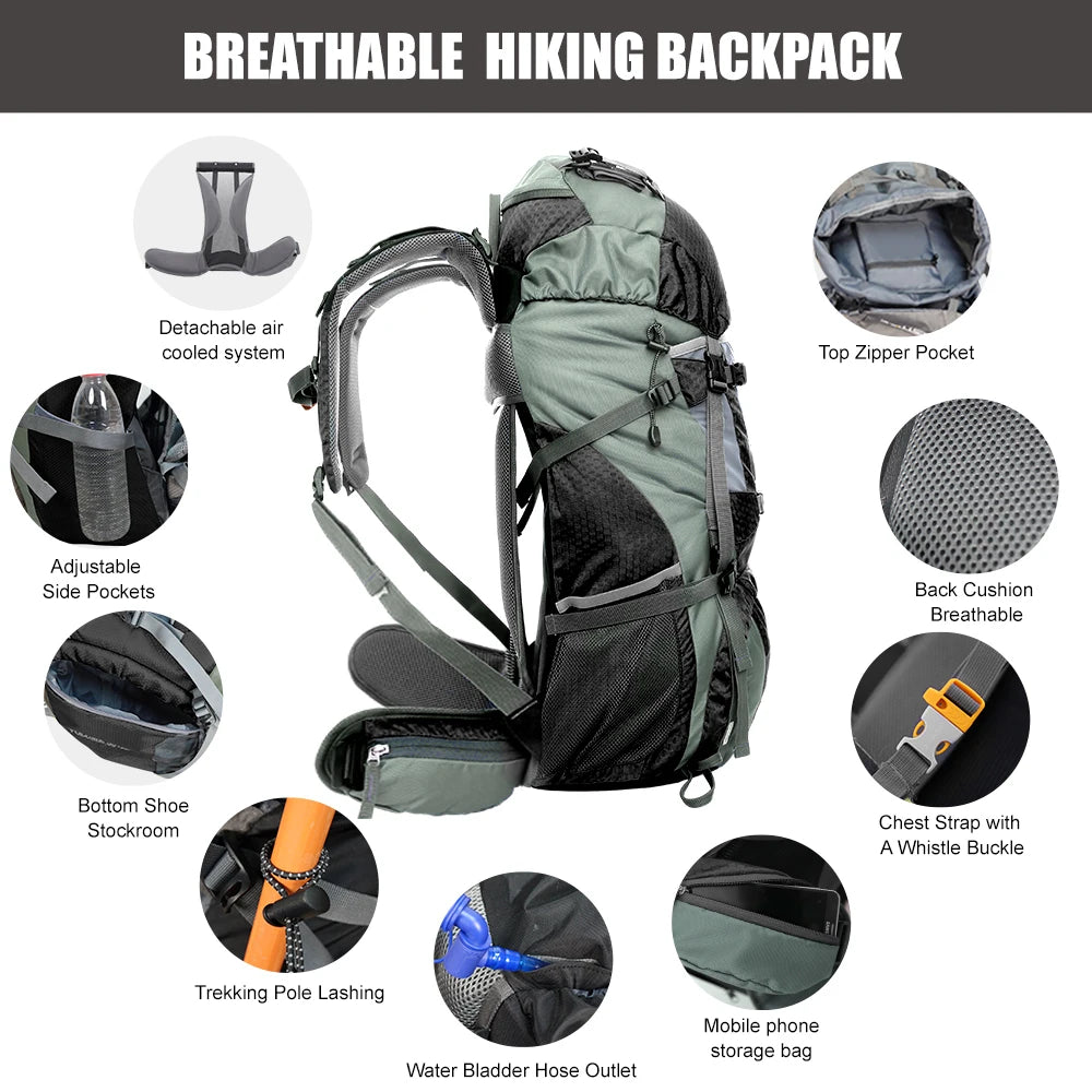 60L Explorer Internal Frame Backpack with Rain Cover - Hiking Camping Travel Pack