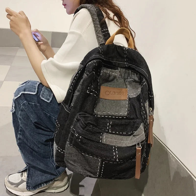 Trendy Cool Patch Denim Backpack - Large Capacity College Laptop Bag