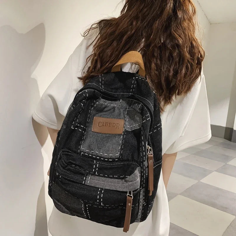 Trendy Cool Patch Denim Backpack - Large Capacity College Laptop Bag