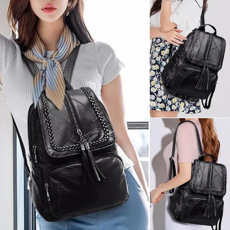 2024 Women's PU Leather Backpack - Classic Black Waterproof Travel Multi-Function School Bag
