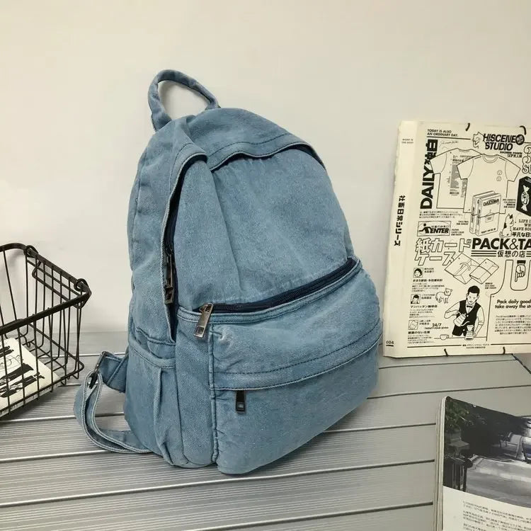 Gray Denim Backpack - Leisure Travel Shoulder Bag for Women Boys and Girls