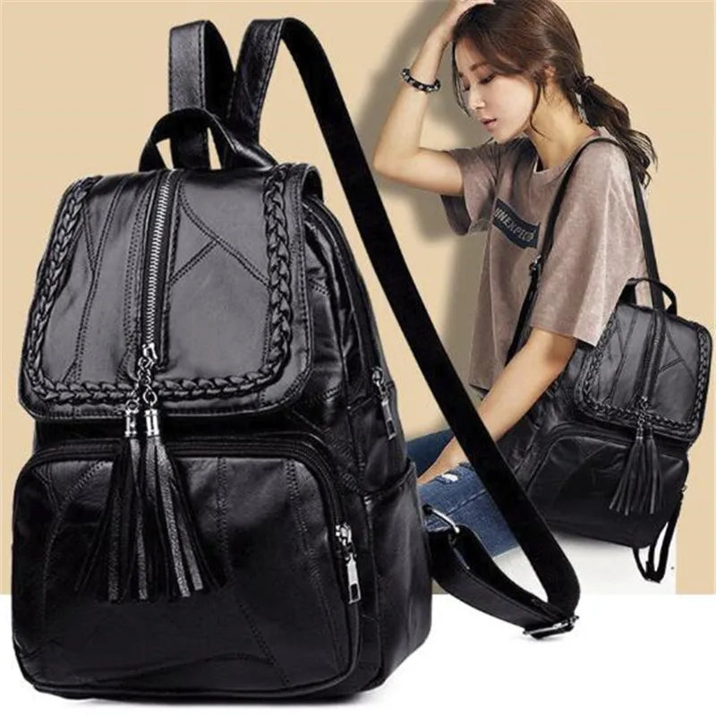 2024 Women's PU Leather Backpack - Classic Black Waterproof Travel Multi-Function School Bag