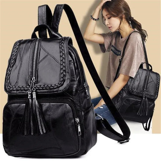 2024 Women's PU Leather Backpack - Classic Black Waterproof Travel Multi-Function School Bag