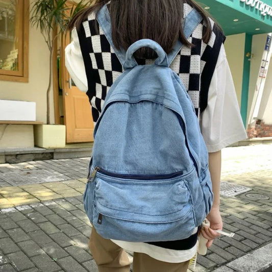 Gray Denim Backpack - Leisure Travel Shoulder Bag for Women Boys and Girls