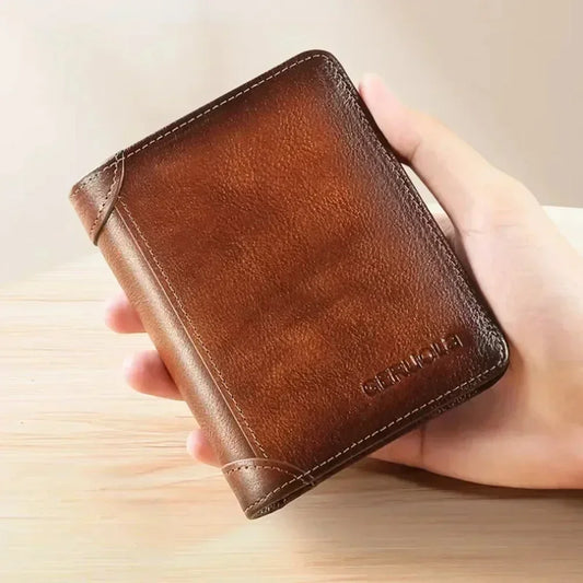 Genuine Leather RFID Trifold Wallet - Vintage Thin Multi-Function Card Holder
