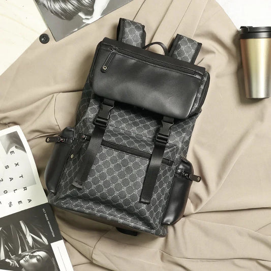 Floral Printed Men's Backpack - Large Capacity PU Leather Travel Schoolbag