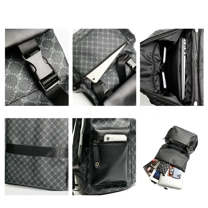 Floral Printed Men's Backpack - Large Capacity PU Leather Travel Schoolbag