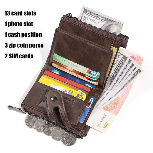 Classic Retro Chain Wallet - RFID Anti-Theft Double Zipper Coin Purse