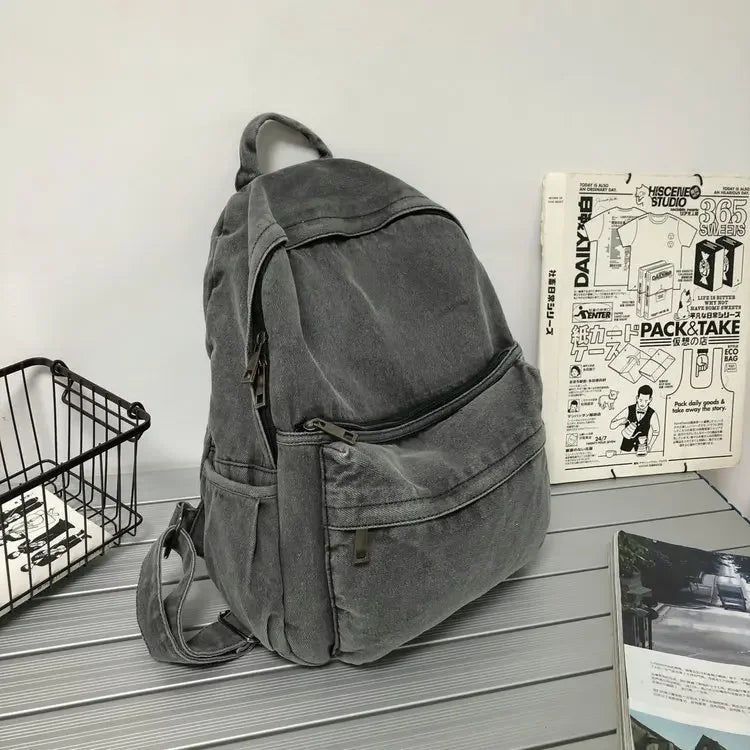 Gray Denim Backpack - Leisure Travel Shoulder Bag for Women Boys and Girls