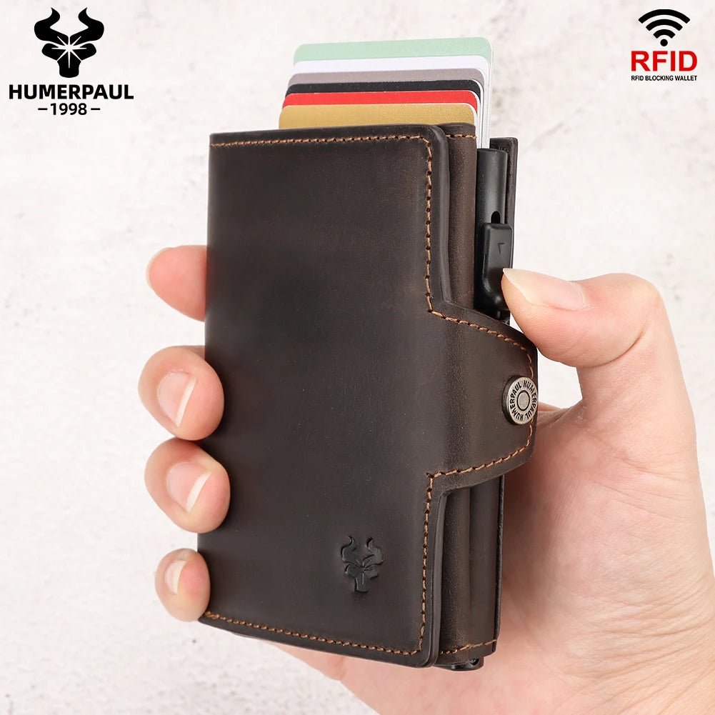 Smart Pop Up RFID Card Wallet - Genuine Leather Slim Card Case with Coin Purse