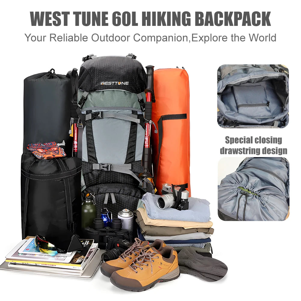60L Explorer Internal Frame Backpack with Rain Cover - Hiking Camping Travel Pack
