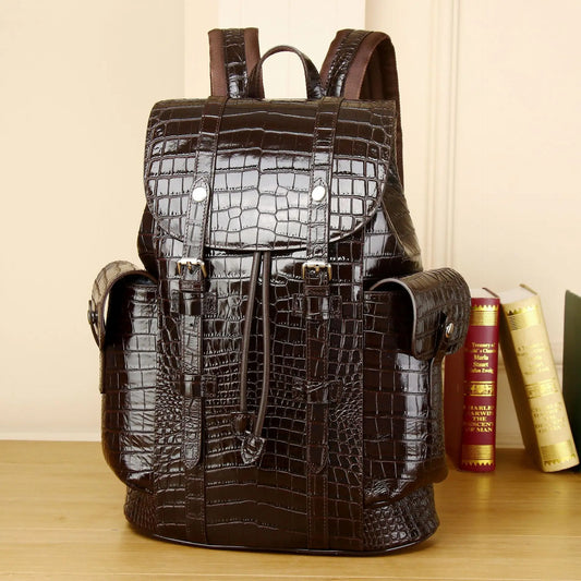 Crocodile Pattern Leather Travel Backpack - Large Capacity Bag for Men and Teenagers