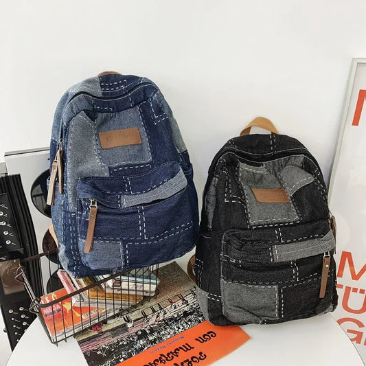 Trendy Cool Patch Denim Backpack - Large Capacity College Laptop Bag