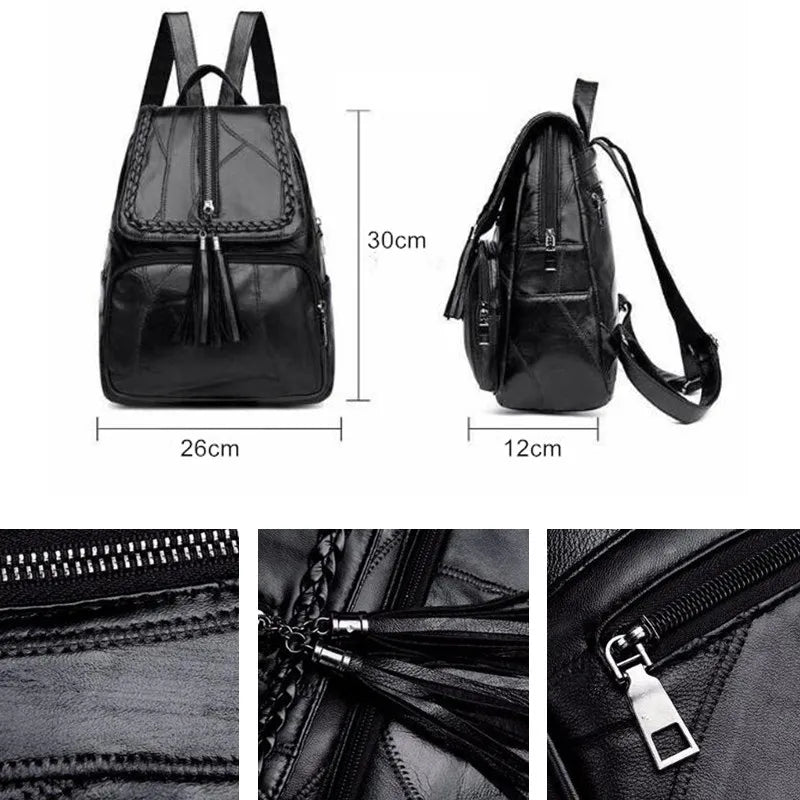 2024 Women's PU Leather Backpack - Classic Black Waterproof Travel Multi-Function School Bag