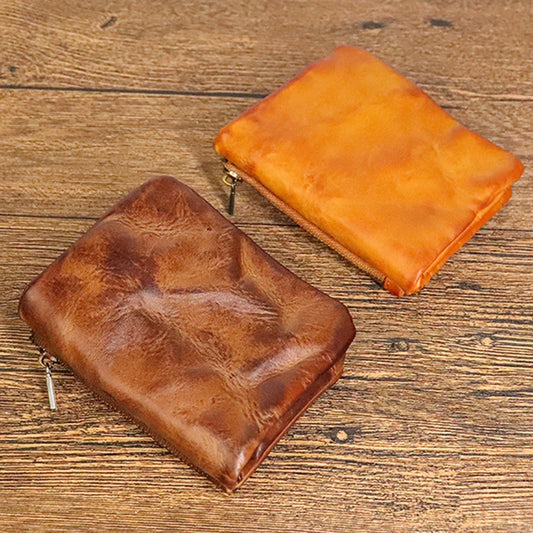 Vintage Genuine Leather Coin Purse Wallet - Short Zipper Wallet with Card Holder