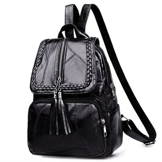 2024 Women's PU Leather Backpack - Classic Black Waterproof Travel Multi-Function School Bag