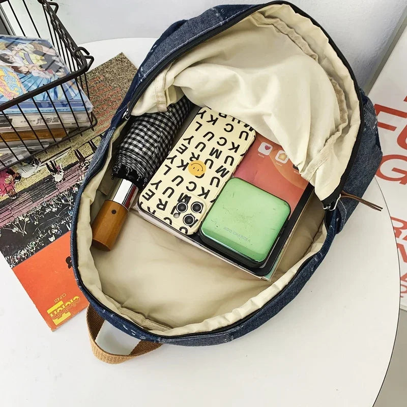 Trendy Cool Patch Denim Backpack - Large Capacity College Laptop Bag